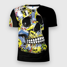 Мужская футболка 3D Slim с принтом Graffiti   Skull в Санкт-Петербурге, 100% полиэстер с улучшенными характеристиками | приталенный силуэт, круглая горловина, широкие плечи, сужается к линии бедра | color | fashion | graffiti | grin | jaw | orbits | skull | teeth | глазницы | граффити | зубы | мода | оскал | цвет | череп