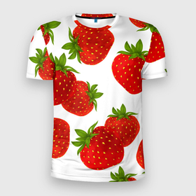 Мужская футболка 3D Slim с принтом Клубника в Белгороде, 100% полиэстер с улучшенными характеристиками | приталенный силуэт, круглая горловина, широкие плечи, сужается к линии бедра | белый | варение | весна | витамин | жара | клубника | клубничка | коктель | красная | лето | микс | польза | помидор | сок | фон | фрукты | ягоды