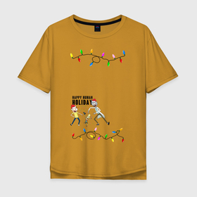 Мужская футболка хлопок Oversize с принтом Happy Human Holyday в Курске, 100% хлопок | свободный крой, круглый ворот, “спинка” длиннее передней части | Тематика изображения на принте: rick and morty | мультсериал | новый год | рик и морти | рождество