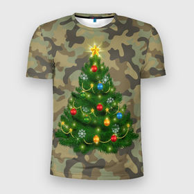 Мужская футболка 3D Slim с принтом Ёлка на армейском камуфляже для нового года в Тюмени, 100% полиэстер с улучшенными характеристиками | приталенный силуэт, круглая горловина, широкие плечи, сужается к линии бедра | Тематика изображения на принте: 