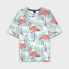 Мужская футболка oversize 3D с принтом Узор фламинго и тропических растений в Екатеринбурге,  |  | animal | bird | flamingo | pink | pnik flamingo | животные | птицы | розовый | розовый фламинго | фламинго