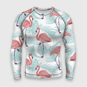 Мужской рашгард 3D с принтом Узор фламинго и тропических растений ,  |  | animal | bird | flamingo | pink | pnik flamingo | животные | птицы | розовый | розовый фламинго | фламинго