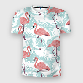 Мужская футболка 3D Slim с принтом Узор фламинго и тропических растений , 100% полиэстер с улучшенными характеристиками | приталенный силуэт, круглая горловина, широкие плечи, сужается к линии бедра | animal | bird | flamingo | pink | pnik flamingo | животные | птицы | розовый | розовый фламинго | фламинго