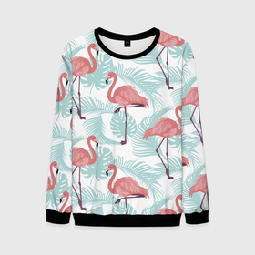 Мужской свитшот 3D с принтом Узор фламинго и тропических растений в Санкт-Петербурге, 100% полиэстер с мягким внутренним слоем | круглый вырез горловины, мягкая резинка на манжетах и поясе, свободная посадка по фигуре | animal | bird | flamingo | pink | pnik flamingo | животные | птицы | розовый | розовый фламинго | фламинго