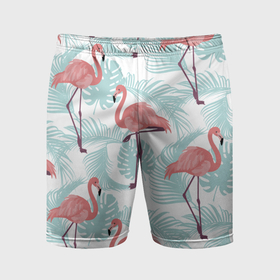 Мужские шорты спортивные с принтом Узор фламинго и тропических растений в Санкт-Петербурге,  |  | animal | bird | flamingo | pink | pnik flamingo | животные | птицы | розовый | розовый фламинго | фламинго