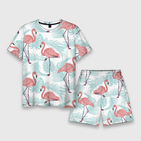 Мужской костюм с шортами 3D с принтом Узор фламинго и тропических растений ,  |  | Тематика изображения на принте: animal | bird | flamingo | pink | pnik flamingo | животные | птицы | розовый | розовый фламинго | фламинго