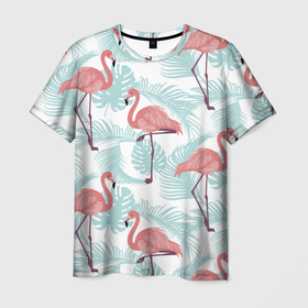 Мужская футболка 3D с принтом Узор фламинго и тропических растений , 100% полиэфир | прямой крой, круглый вырез горловины, длина до линии бедер | animal | bird | flamingo | pink | pnik flamingo | животные | птицы | розовый | розовый фламинго | фламинго