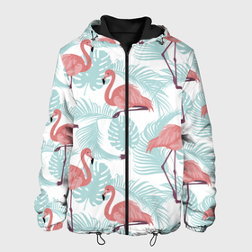 Мужская куртка 3D с принтом Узор фламинго и тропических растений , ткань верха — 100% полиэстер, подклад — флис | прямой крой, подол и капюшон оформлены резинкой с фиксаторами, два кармана без застежек по бокам, один большой потайной карман на груди. Карман на груди застегивается на липучку | animal | bird | flamingo | pink | pnik flamingo | животные | птицы | розовый | розовый фламинго | фламинго