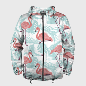 Мужская ветровка 3D с принтом Узор фламинго и тропических растений в Курске, 100% полиэстер | подол и капюшон оформлены резинкой с фиксаторами, два кармана без застежек по бокам, один потайной карман на груди | animal | bird | flamingo | pink | pnik flamingo | животные | птицы | розовый | розовый фламинго | фламинго