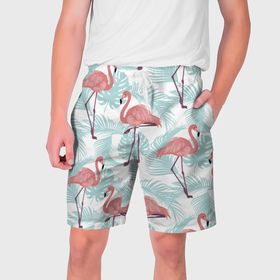 Мужские шорты 3D с принтом Узор фламинго и тропических растений в Тюмени,  полиэстер 100% | прямой крой, два кармана без застежек по бокам. Мягкая трикотажная резинка на поясе, внутри которой широкие завязки. Длина чуть выше колен | animal | bird | flamingo | pink | pnik flamingo | животные | птицы | розовый | розовый фламинго | фламинго
