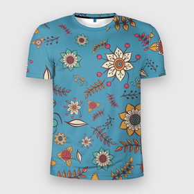 Мужская футболка 3D Slim с принтом Цветочный рай узор в Петрозаводске, 100% полиэстер с улучшенными характеристиками | приталенный силуэт, круглая горловина, широкие плечи, сужается к линии бедра | Тематика изображения на принте: 