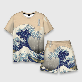 Мужской костюм с шортами 3D с принтом Kanagawa Wave Art ,  |  | glitch | japan | kanagawa | retro | retro wave | retrowave | vapor | vapor wave | vaporwave | wave | волна канагава | глитч | глич | канагава | ретровейв | ретровэйв | япония