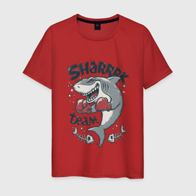 Мужская футболка хлопок с принтом Shark Team в Тюмени, 100% хлопок | прямой крой, круглый вырез горловины, длина до линии бедер, слегка спущенное плечо. | shark | shark team | акула | бокс | перчатки | спорт