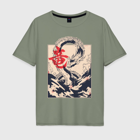 Мужская футболка хлопок Oversize с принтом Дракон в Новосибирске, 100% хлопок | свободный крой, круглый ворот, “спинка” длиннее передней части | Тематика изображения на принте: chine | dragon | japan | ocean | sea | water | дракон | иероглиф | китай | япония