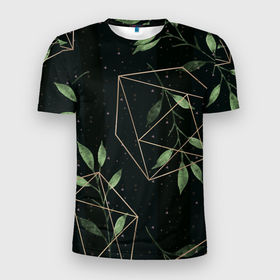 Мужская футболка 3D Slim с принтом Геометрия в природе в Тюмени, 100% полиэстер с улучшенными характеристиками | приталенный силуэт, круглая горловина, широкие плечи, сужается к линии бедра | абстрактное | белое | ветви | ветвь | ветка | геометрические фигуры | желтое | зелёное | капли | листок | листья | природа | точки | чёрное