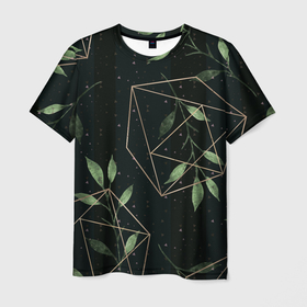 Мужская футболка 3D с принтом Геометрия в природе в Петрозаводске, 100% полиэфир | прямой крой, круглый вырез горловины, длина до линии бедер | абстрактное | белое | ветви | ветвь | ветка | геометрические фигуры | желтое | зелёное | капли | листок | листья | природа | точки | чёрное