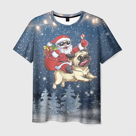 Мужская футболка 3D с принтом Санта едет на мопсе , 100% полиэфир | прямой крой, круглый вырез горловины, длина до линии бедер | 