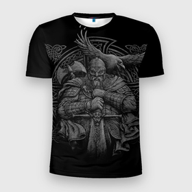 Мужская футболка 3D Slim с принтом Викинг в Екатеринбурге, 100% полиэстер с улучшенными характеристиками | приталенный силуэт, круглая горловина, широкие плечи, сужается к линии бедра | викинг | воин | ворон | кельтские узоры | рисунок