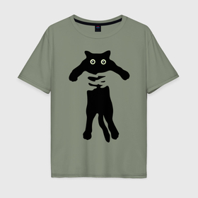 Мужская футболка хлопок Oversize с принтом Черный кот в руках в Екатеринбурге, 100% хлопок | свободный крой, круглый ворот, “спинка” длиннее передней части | cat | в руках | глаза | животное | кот | котенок | кошка | милый | черный