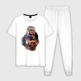 Мужская пижама хлопок с принтом Геральт из Ривии ведьмак в Петрозаводске, 100% хлопок | брюки и футболка прямого кроя, без карманов, на брюках мягкая резинка на поясе и по низу штанин
 | 