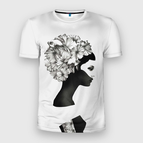 Мужская футболка 3D Slim с принтом Искусство Красоты в Петрозаводске, 100% полиэстер с улучшенными характеристиками | приталенный силуэт, круглая горловина, широкие плечи, сужается к линии бедра | девушка | искусство | минимализм | цветы | черно белое