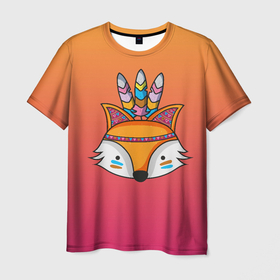 Мужская футболка 3D с принтом Лиса   индеец в Санкт-Петербурге, 100% полиэфир | прямой крой, круглый вырез горловины, длина до линии бедер | fox | венок | животные | лиса | лисенок | лисичка | полевые цветы | полынь | рисунок | ромашки | стикер | цветы