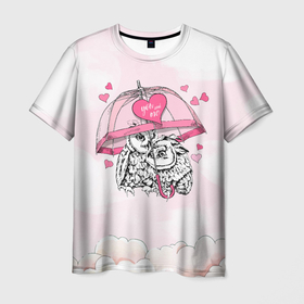 Мужская футболка 3D с принтом Влюбленные совушки в Екатеринбурге, 100% полиэфир | прямой крой, круглый вырез горловины, длина до линии бедер | Тематика изображения на принте: 