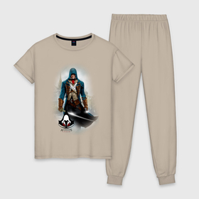 Женская пижама хлопок с принтом Assasins Creed в Санкт-Петербурге, 100% хлопок | брюки и футболка прямого кроя, без карманов, на брюках мягкая резинка на поясе и по низу штанин | 