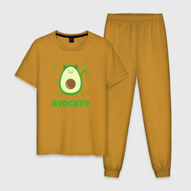 Мужская пижама хлопок с принтом Авокато в Новосибирске, 100% хлопок | брюки и футболка прямого кроя, без карманов, на брюках мягкая резинка на поясе и по низу штанин
 | Тематика изображения на принте: avocado | based | food | plant | vegan | vegetable | авокадо | авокато | веган | диета | для девочек | для фитнеса | женская | зож | кето | кето диета | купить | мужская | с авокадо | с надписью | с принтом | фитнес