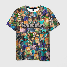 Мужская футболка 3D с принтом Minecraft персонажи в Новосибирске, 100% полиэфир | прямой крой, круглый вырез горловины, длина до линии бедер | game | minecraft | блоки | игра | квадраты | компьютерная игра | крипер | майнкрафт | персонажи