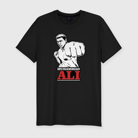 Мужская футболка хлопок Slim с принтом Muhammad Ali в Курске, 92% хлопок, 8% лайкра | приталенный силуэт, круглый вырез ворота, длина до линии бедра, короткий рукав | ali | muhammad ali | the greatest | али | бокс | мухамед али | мухаммед али