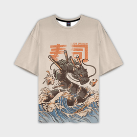 Мужская футболка oversize 3D с принтом Sushi dragon в Белгороде,  |  | волны | дракон | суши | суши дракон | японские волны | японский дракон