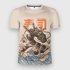 Мужская футболка 3D Slim с принтом Sushi dragon в Курске, 100% полиэстер с улучшенными характеристиками | приталенный силуэт, круглая горловина, широкие плечи, сужается к линии бедра | Тематика изображения на принте: волны | дракон | суши | суши дракон | японские волны | японский дракон