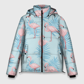 Мужская зимняя куртка 3D с принтом Арт с розовым фламинго в Санкт-Петербурге, верх — 100% полиэстер; подкладка — 100% полиэстер; утеплитель — 100% полиэстер | длина ниже бедра, свободный силуэт Оверсайз. Есть воротник-стойка, отстегивающийся капюшон и ветрозащитная планка. 

Боковые карманы с листочкой на кнопках и внутренний карман на молнии. | Тематика изображения на принте: 