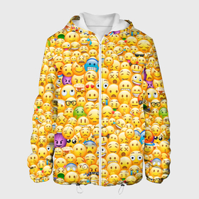 Мужская куртка 3D с принтом Смайлики Emoji в Новосибирске, ткань верха — 100% полиэстер, подклад — флис | прямой крой, подол и капюшон оформлены резинкой с фиксаторами, два кармана без застежек по бокам, один большой потайной карман на груди. Карман на груди застегивается на липучку | Тематика изображения на принте: emoji | smile | sticker | грусть | любовь | печаль | плачь | смайлики | стикеры | текстура | улыбка | эмоджи | эмодзи
