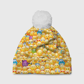 Шапка 3D c помпоном с принтом Смайлики Emoji в Курске, 100% полиэстер | универсальный размер, печать по всей поверхности изделия | emoji | smile | sticker | грусть | любовь | печаль | плачь | смайлики | стикеры | текстура | улыбка | эмоджи | эмодзи