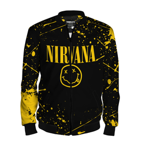 Мужской бомбер 3D с принтом Nirvana smile logo with yellow grunge , 100% полиэстер | застегивается на молнию, по бокам два кармана без застежек, по низу бомбера и на воротнике - эластичная резинка | Тематика изображения на принте: cobain | kurt donald cobain | nirvana | smile | альтернативный рок | гранж | дэйв грол | крист новоселич | курт кобейн | нирвана | смайл
