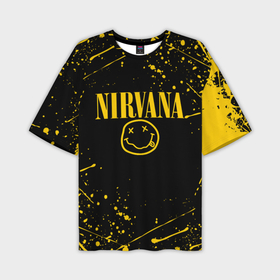 Мужская футболка oversize 3D с принтом Nirvana smile logo with yellow grunge в Тюмени,  |  | cobain | kurt donald cobain | nirvana | smile | альтернативный рок | гранж | дэйв грол | крист новоселич | курт кобейн | нирвана | смайл