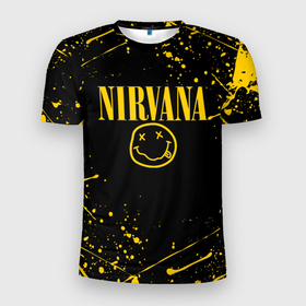 Мужская футболка 3D Slim с принтом Nirvana smile logo with yellow grunge в Курске, 100% полиэстер с улучшенными характеристиками | приталенный силуэт, круглая горловина, широкие плечи, сужается к линии бедра | Тематика изображения на принте: cobain | kurt donald cobain | nirvana | smile | альтернативный рок | гранж | дэйв грол | крист новоселич | курт кобейн | нирвана | смайл