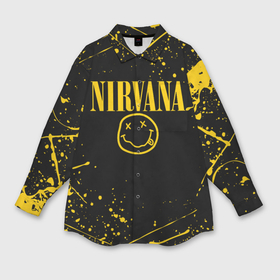 Мужская рубашка oversize 3D с принтом Nirvana smile logo with yellow grunge в Санкт-Петербурге,  |  | cobain | kurt donald cobain | nirvana | smile | альтернативный рок | гранж | дэйв грол | крист новоселич | курт кобейн | нирвана | смайл