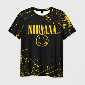 Мужская футболка 3D с принтом Nirvana smile logo with yellow grunge в Тюмени, 100% полиэфир | прямой крой, круглый вырез горловины, длина до линии бедер | Тематика изображения на принте: cobain | kurt donald cobain | nirvana | smile | альтернативный рок | гранж | дэйв грол | крист новоселич | курт кобейн | нирвана | смайл