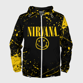 Мужская ветровка 3D с принтом Nirvana smile logo with yellow grunge в Тюмени, 100% полиэстер | подол и капюшон оформлены резинкой с фиксаторами, два кармана без застежек по бокам, один потайной карман на груди | cobain | kurt donald cobain | nirvana | smile | альтернативный рок | гранж | дэйв грол | крист новоселич | курт кобейн | нирвана | смайл