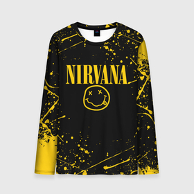 Мужской лонгслив 3D с принтом Nirvana smile logo with yellow grunge в Петрозаводске, 100% полиэстер | длинные рукава, круглый вырез горловины, полуприлегающий силуэт | cobain | kurt donald cobain | nirvana | smile | альтернативный рок | гранж | дэйв грол | крист новоселич | курт кобейн | нирвана | смайл
