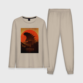 Мужская пижама с лонгсливом хлопок с принтом Godzilla and red sun ,  |  | comic con | godzilla | gojira | logo | годзилла | знаки | иероглифы | лого | монстр | фильм | чудовище