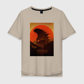 Мужская футболка хлопок Oversize с принтом Godzilla and red sun в Белгороде, 100% хлопок | свободный крой, круглый ворот, “спинка” длиннее передней части | comic con | godzilla | gojira | logo | годзилла | знаки | иероглифы | лого | монстр | фильм | чудовище