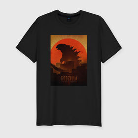 Мужская футболка хлопок Slim с принтом Godzilla and red sun , 92% хлопок, 8% лайкра | приталенный силуэт, круглый вырез ворота, длина до линии бедра, короткий рукав | Тематика изображения на принте: comic con | godzilla | gojira | logo | годзилла | знаки | иероглифы | лого | монстр | фильм | чудовище