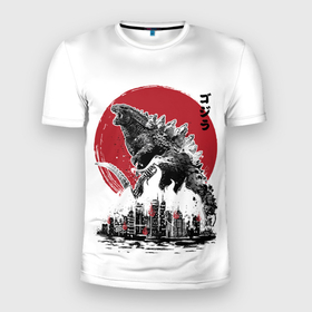 Мужская футболка 3D Slim с принтом Godzilla Годзилла в Санкт-Петербурге, 100% полиэстер с улучшенными характеристиками | приталенный силуэт, круглая горловина, широкие плечи, сужается к линии бедра | comic con | godzilla | gojira | logo | годзилла | знаки | иероглифы | лого | монстр | фильм | чудовище