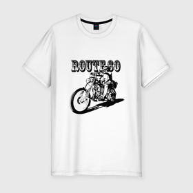 Мужская футболка премиум с принтом Трасса 60 в Екатеринбурге, 92% хлопок, 8% лайкра | приталенный силуэт, круглый вырез ворота, длина до линии бедра, короткий рукав | Тематика изображения на принте: biker | guy | headlight | man | motorcycle | route | байкер | мотоцикл | мужчина | парень | трасса | фара
