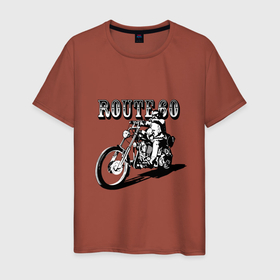 Мужская футболка хлопок с принтом Трасса 60 в Белгороде, 100% хлопок | прямой крой, круглый вырез горловины, длина до линии бедер, слегка спущенное плечо. | biker | guy | headlight | man | motorcycle | route | байкер | мотоцикл | мужчина | парень | трасса | фара