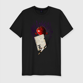Мужская футболка хлопок Slim с принтом Рюк и яблоко в Санкт-Петербурге, 92% хлопок, 8% лайкра | приталенный силуэт, круглый вырез ворота, длина до линии бедра, короткий рукав | death note | бог | тетрадь
